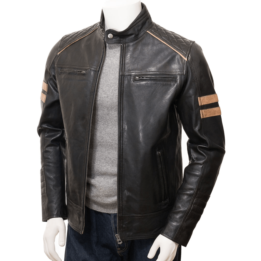 MEN BLACK LEATHER BIKER JACKET ADAMS