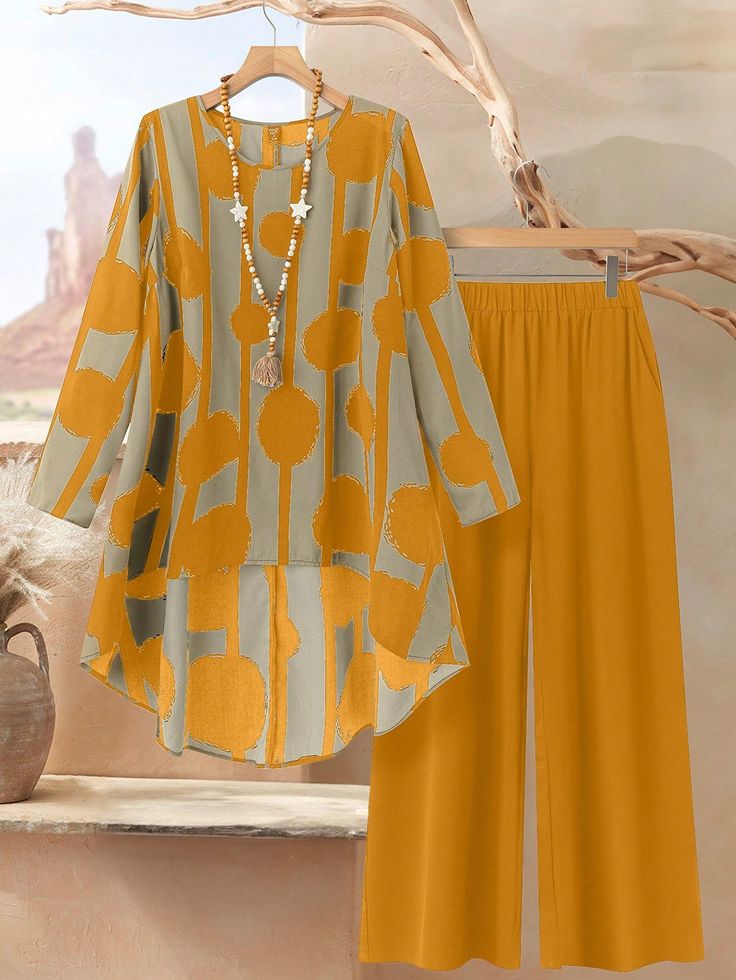 Visit site Plus Size Women 2pcs Set Geometric Print Round Neck Long Sleeve Asymmetric Hem Top And Pants, Casual, Winter Set