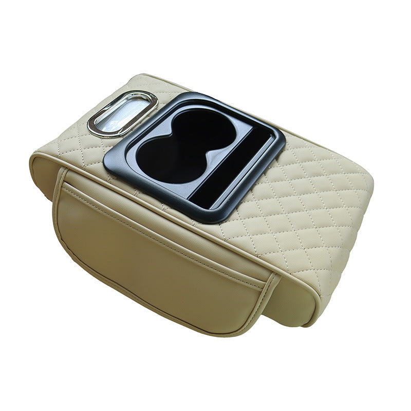 NNEDSZ GT-6 Embroidery Beige ,Multifunctional Car Armrest Storage Box Cushion - Universal Fit with Cup Holder and Tissue Dispenser