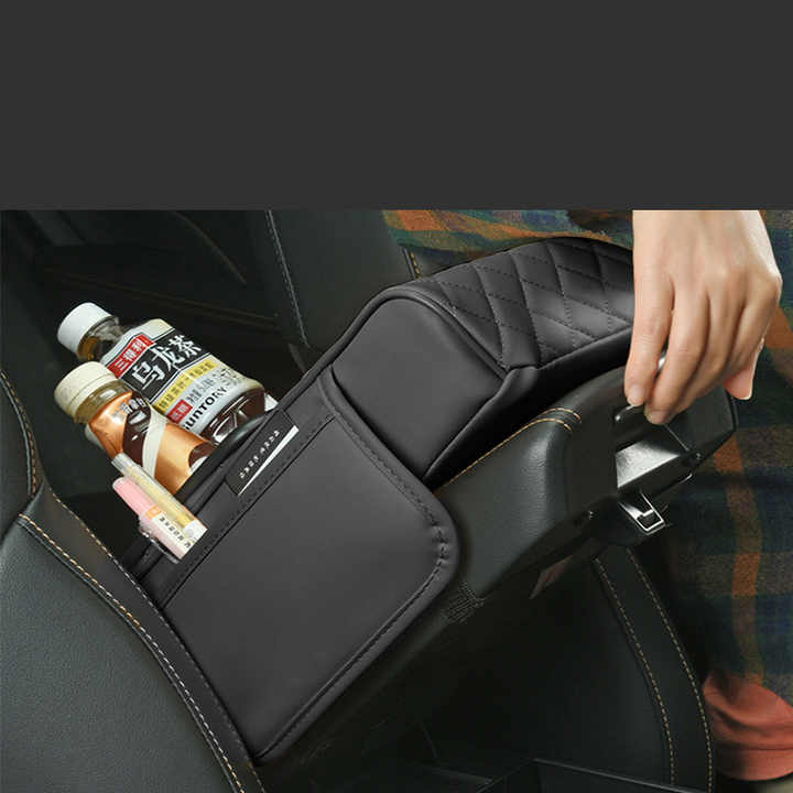 NNEDSZ GT-6 Embroidery Beige ,Multifunctional Car Armrest Storage Box Cushion - Universal Fit with Cup Holder and Tissue Dispenser