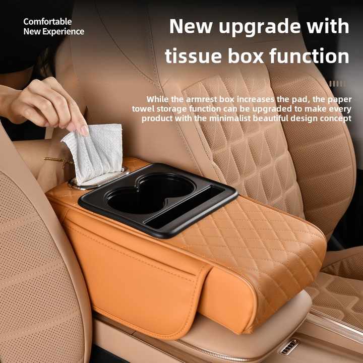 NNEDSZ GT-6 Embroidery Beige ,Multifunctional Car Armrest Storage Box Cushion - Universal Fit with Cup Holder and Tissue Dispenser