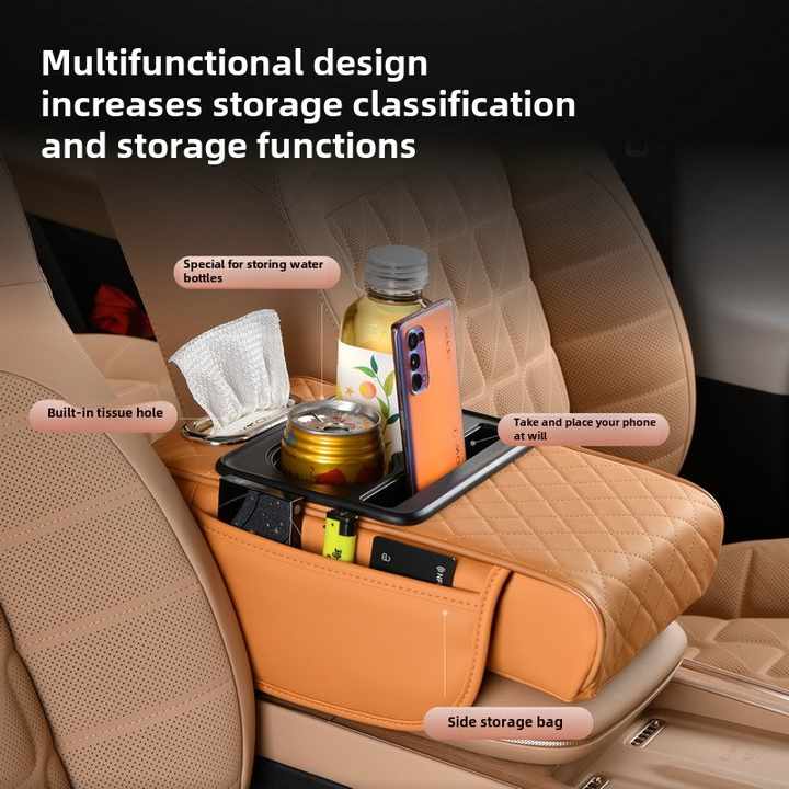 NNEDSZ GT-6 Embroidery Beige ,Multifunctional Car Armrest Storage Box Cushion - Universal Fit with Cup Holder and Tissue Dispenser
