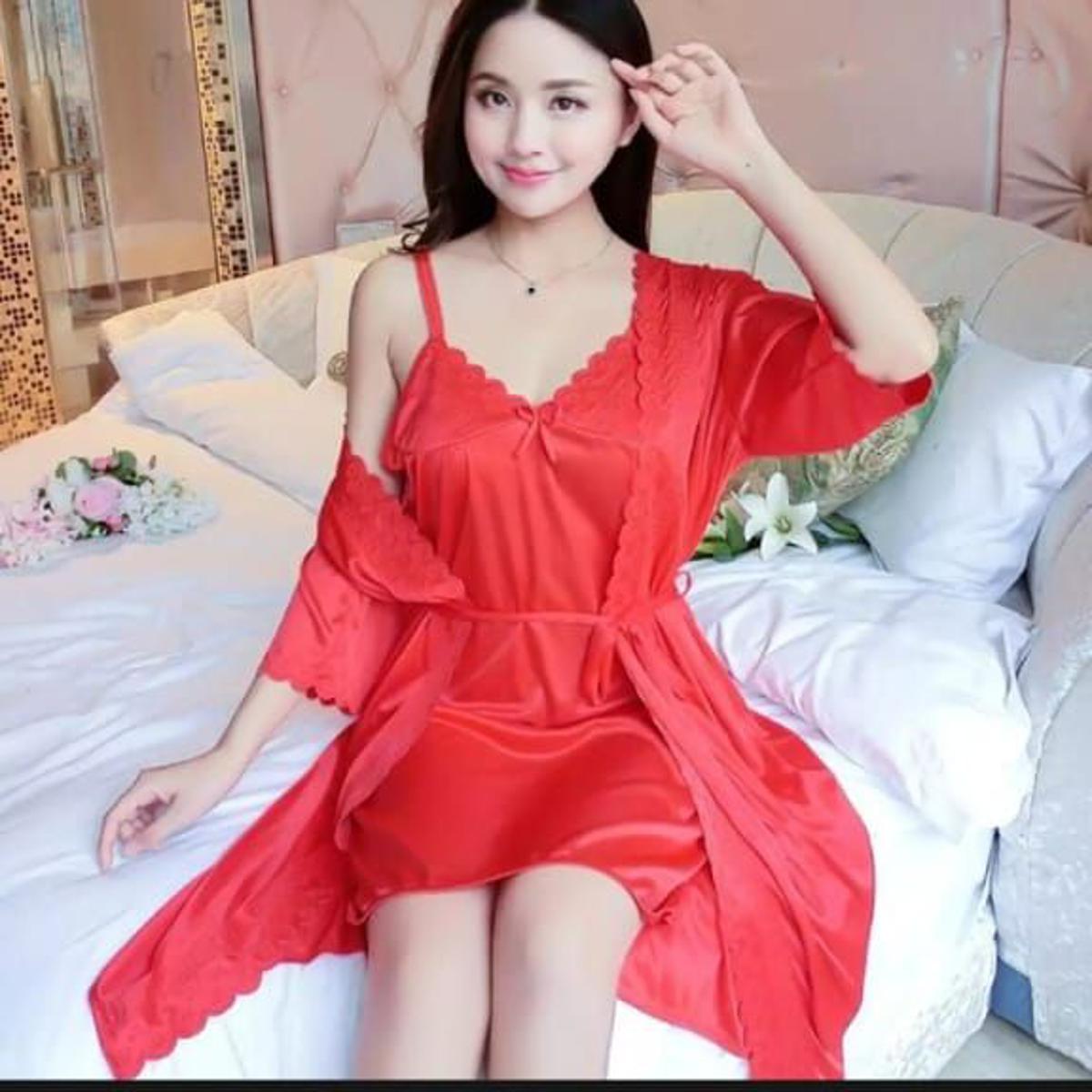 Fabulous Silk Styles Hot Sexy Women's Satin Silk Robe Nighty for Women Hot Sexy Sleepwear Nighty For Women Silk Nightgown Sexy Frilled V-Neck Sling Nightdress for Women Backless Soft Lounge Robe Suit for Home Dress and Bridal Nighty