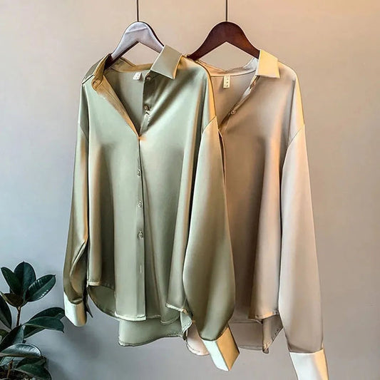 Spring Fashion Button-Up Satin Silk Shirt for Women - Long Sleeve Vintage Blouse