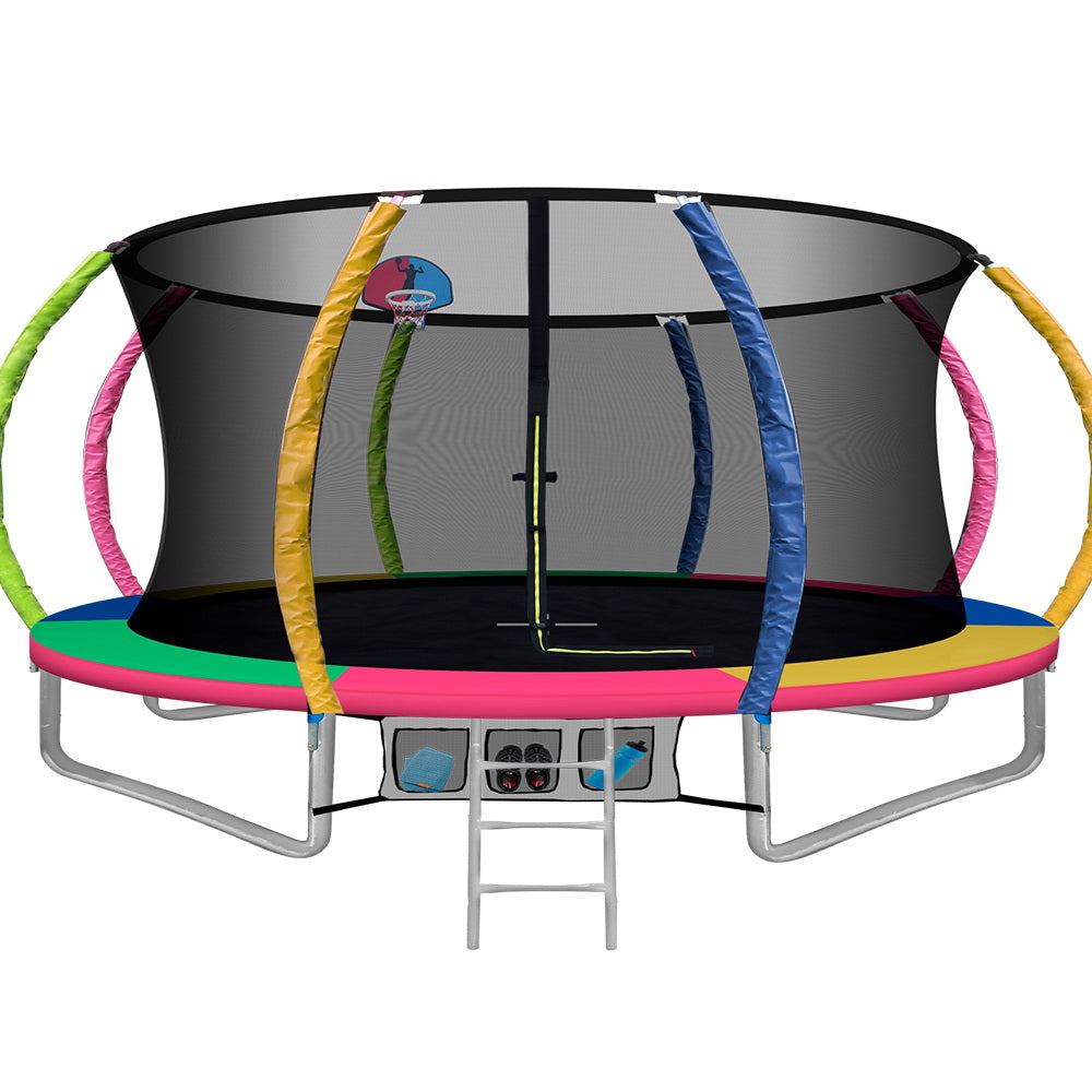 NNEDSZ 14FT Trampoline Round Trampolines With Basketball Hoop Kids Present Gift Enclosure Safety Net Pad Outdoor Multi-coloured-0