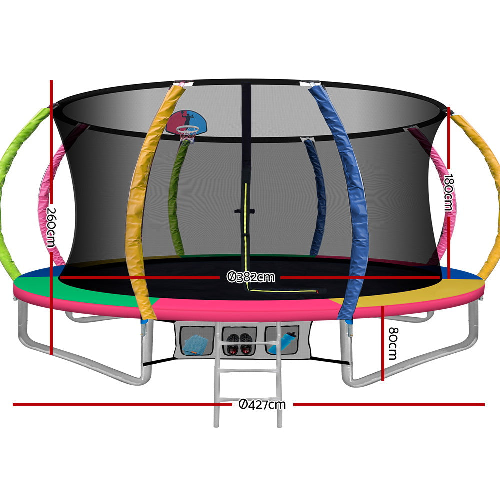 NNEDSZ 14FT Trampoline Round Trampolines With Basketball Hoop Kids Present Gift Enclosure Safety Net Pad Outdoor Multi-coloured-1