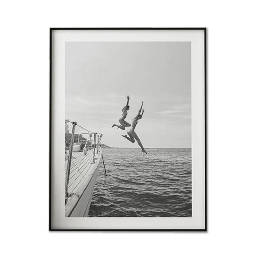 NNEDSZ Wall Art 40cmx60cm Black and White Ocean Jump, Black Frame Canvas-0