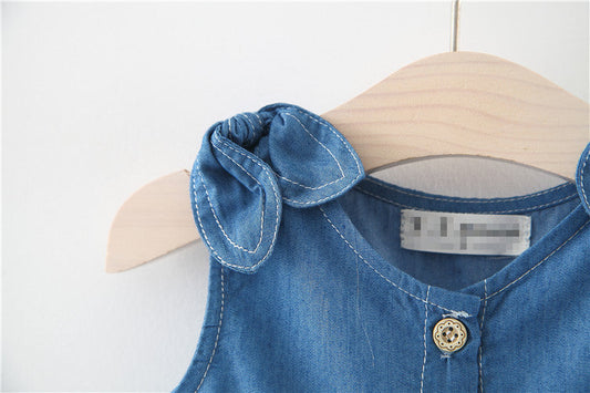 Baby Girl Solid Blue Denim Dress In Summer