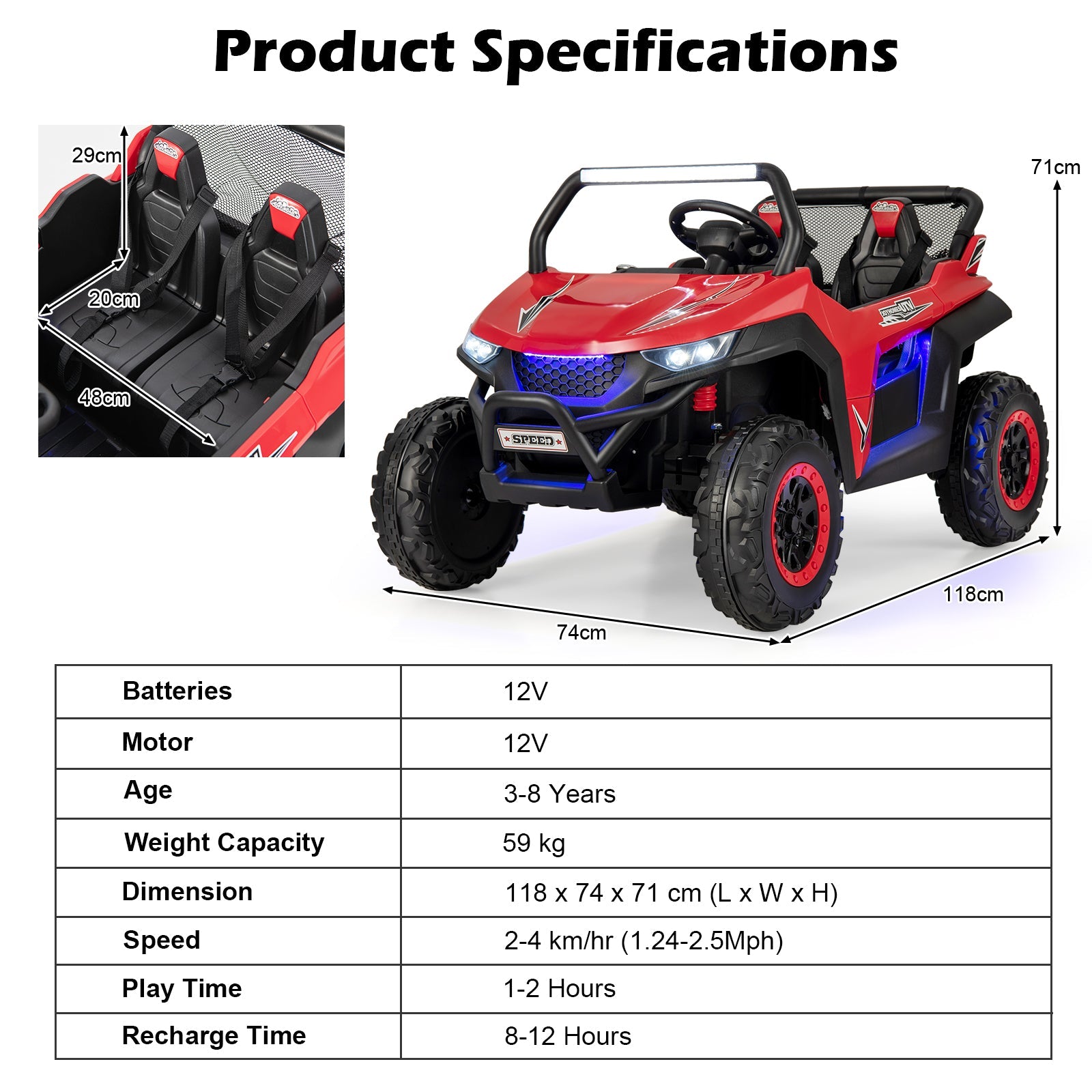 NNECW 12V 2-Seater Kids Ride On Car  with Light Music &amp;amp; Electric Remote Control-Red-2