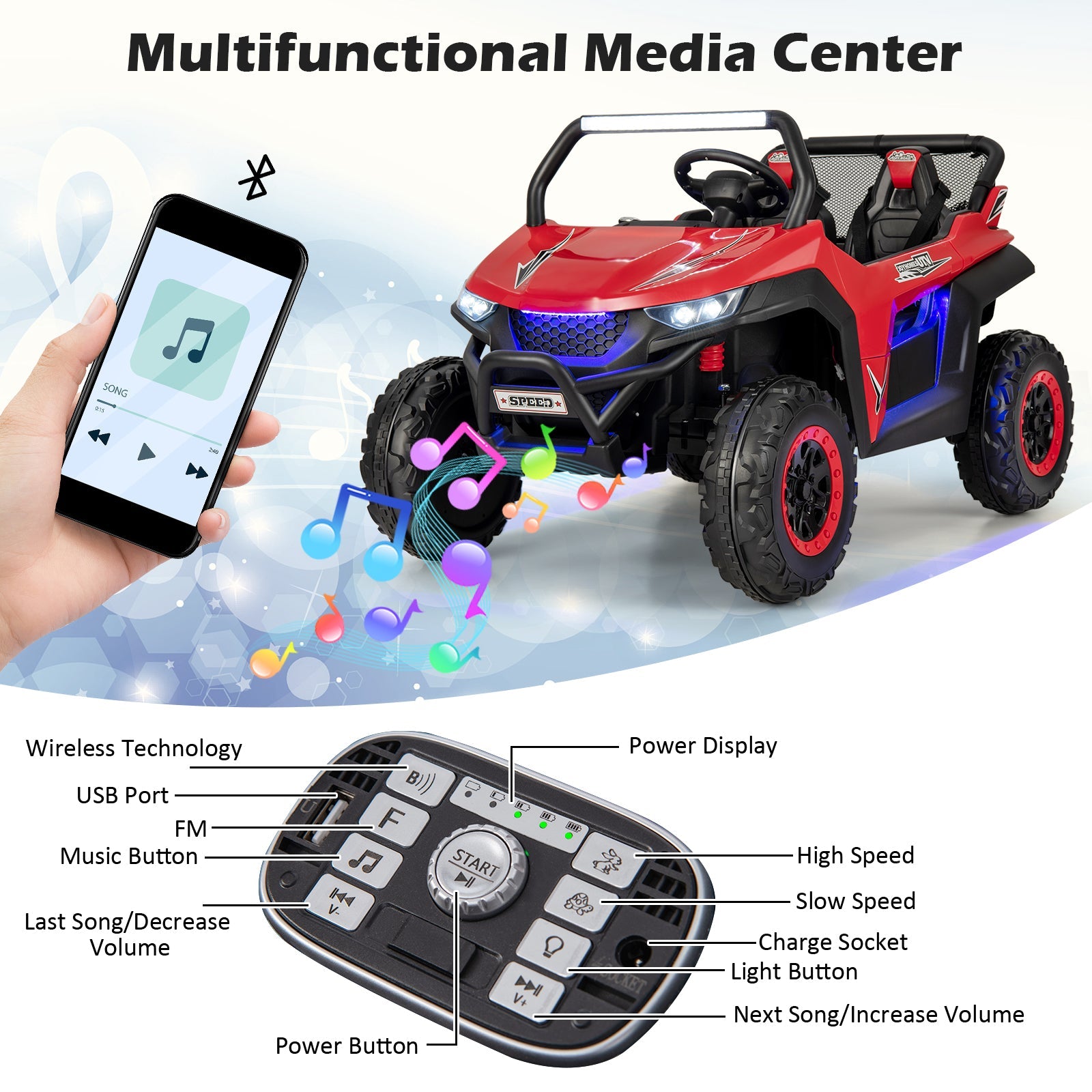 NNECW 12V 2-Seater Kids Ride On Car  with Light Music &amp;amp; Electric Remote Control-Red-3